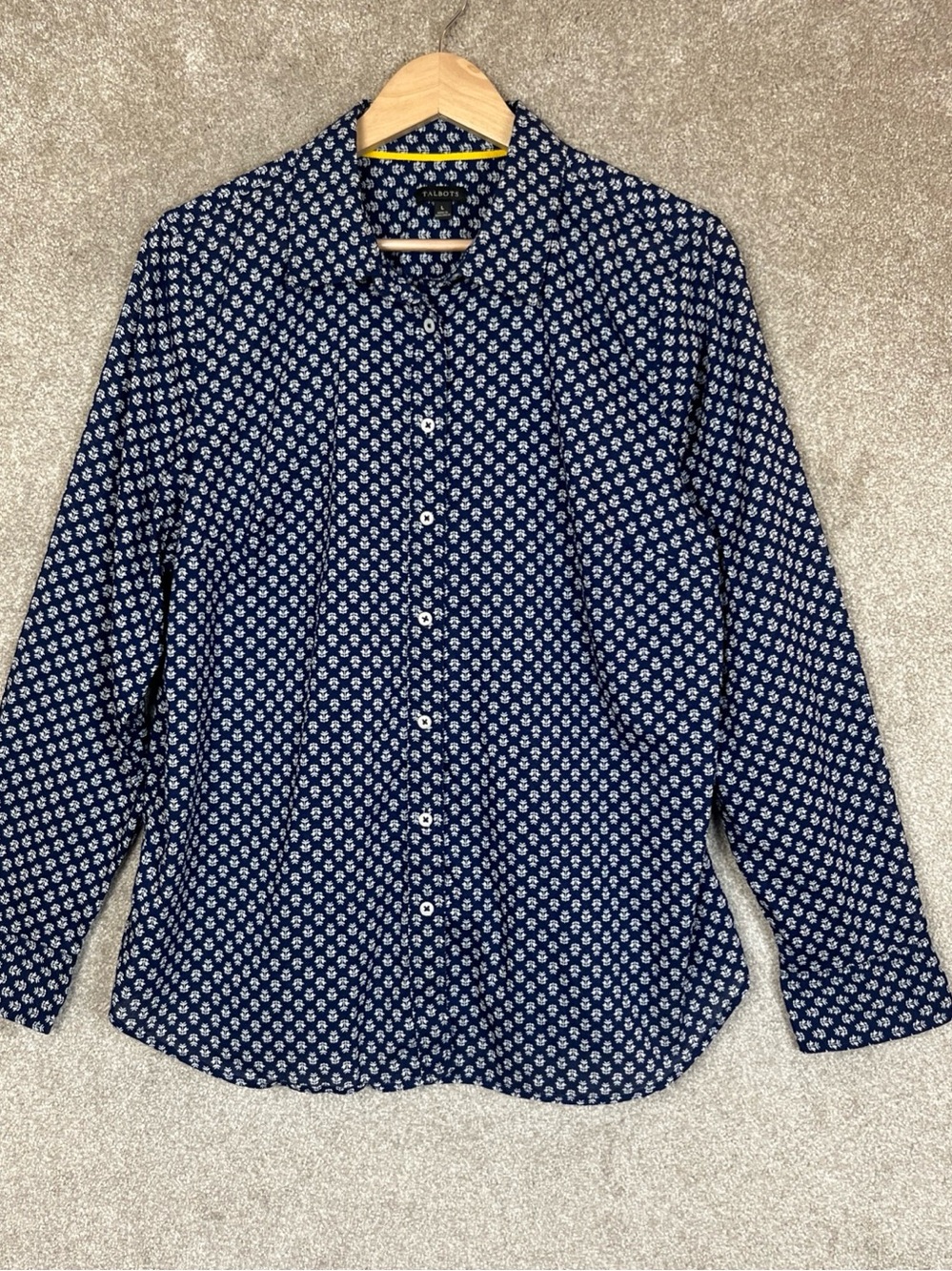 Talbots Shirt Womens Large Blue White Floral Cotton Long Sleeve Button- 5353